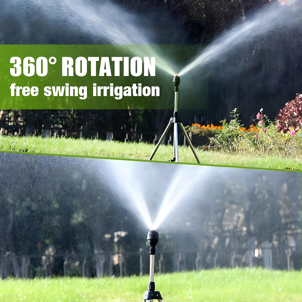 360° Gartensprinkler mit Stativ – Rotierender Rasensprenger mit teleskopischem Dreibein für Garten, Rasen & Bewässerung