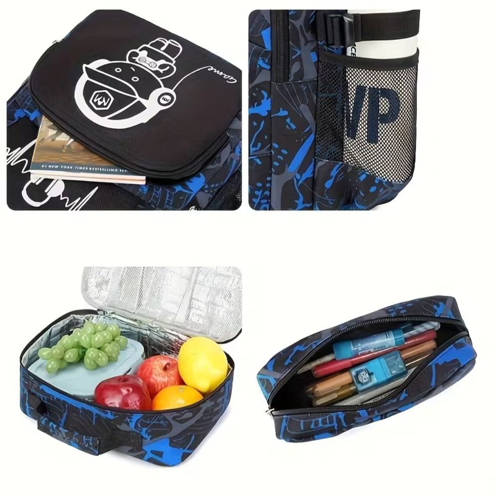 Kinder-Schulrucksack-Set mit Gamer-Motiv 32 × 21 × 45 cm – 3-teiliges Rucksack-Set aus Polyester mit Lunchbag & Federmäppchen