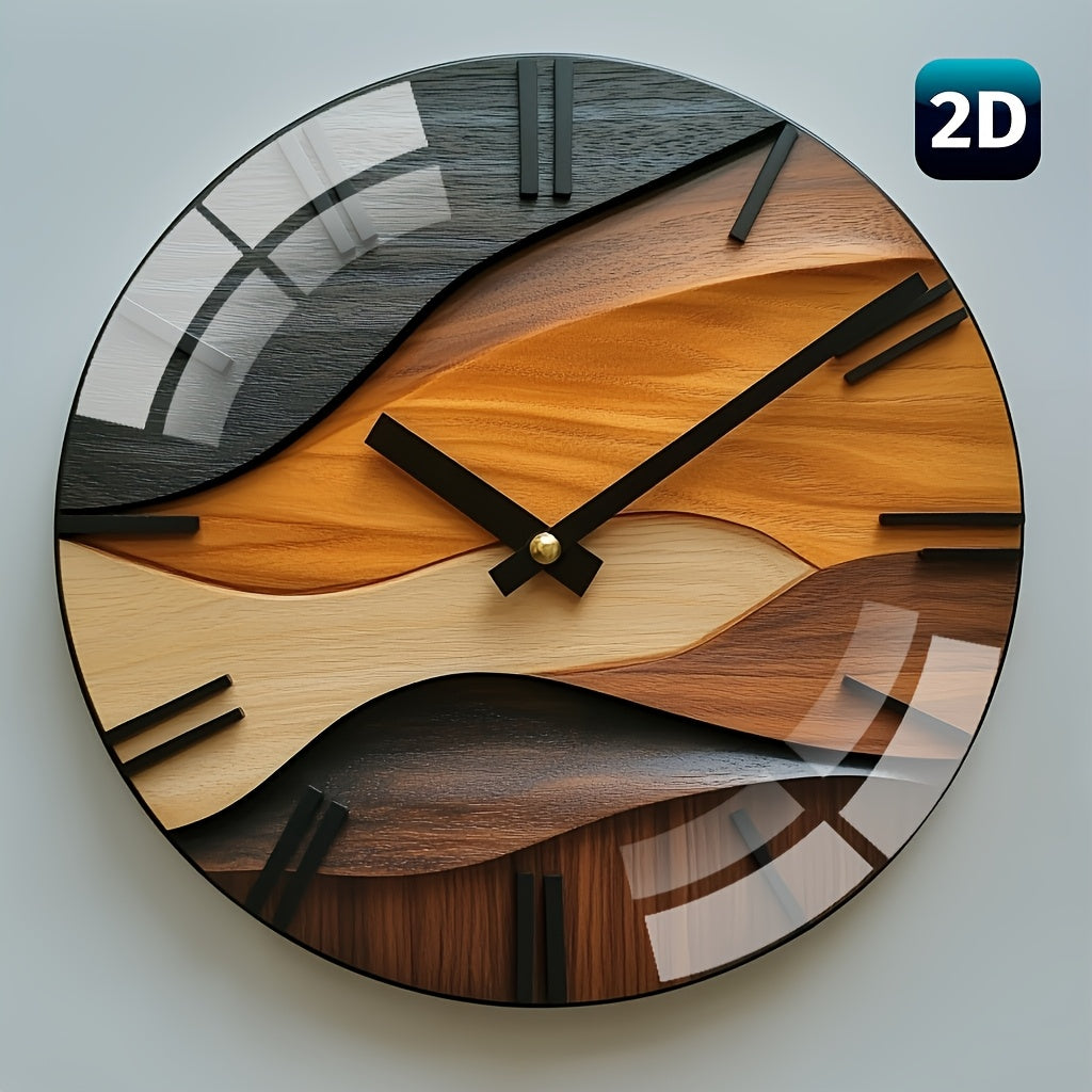 Moderne Wanduhr 30 cm in Glasoptik – Runde Designer Uhr mit Holzoptik, Wellenmuster & leisem Uhrwerk