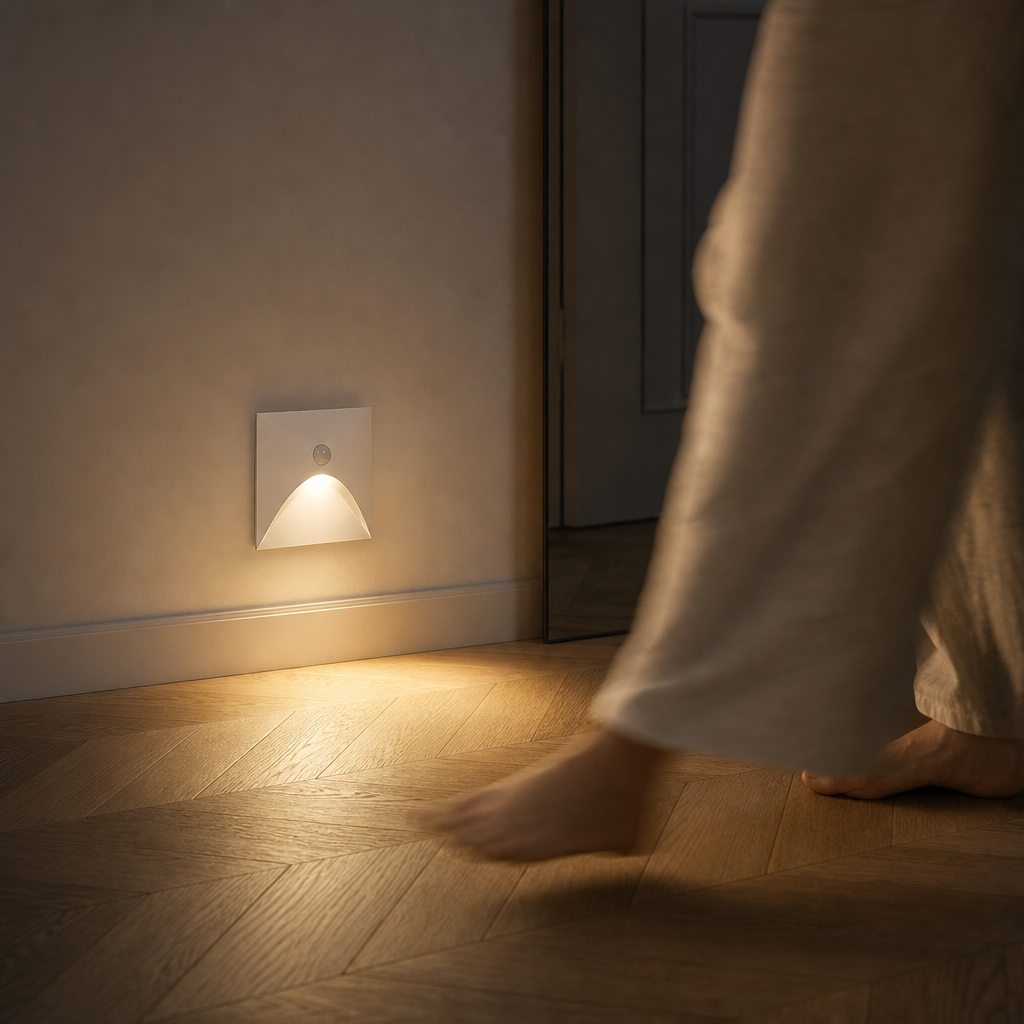 LuminiPath LED Wandleuchte Weiss Quadrat im Eingangsbereich, Bewegungsmelder schaltet Licht ein