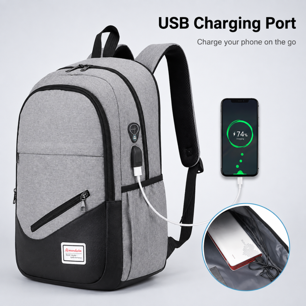 3-teiliges Schulrucksack-Set mit USB-Anschluss – Wasserabweisender Rucksack mit Umhängetasche & Etui für Schule, Uni & Reisen