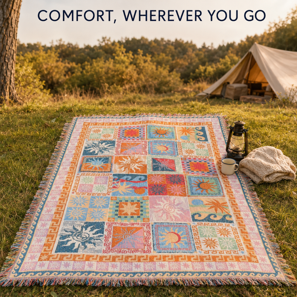 Bunte Boho Picknickdecke mit Fransen | Waschbare Polyester Outdoor-Decke für Camping, Strand, Sofa und Garten