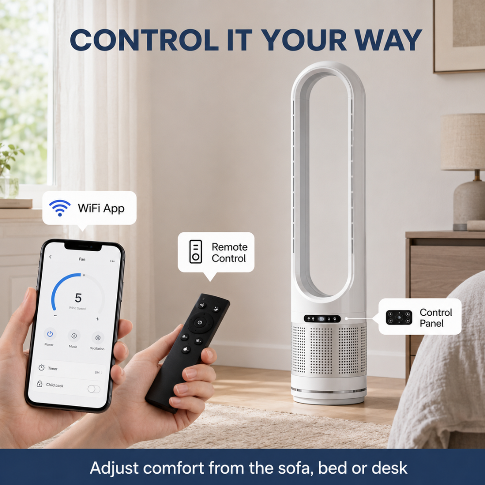 Leiser Turmventilator mit Fernbedienung & Timer – Flügelloser Standventilator mit WLAN-App und 8 Geschwindigkeiten