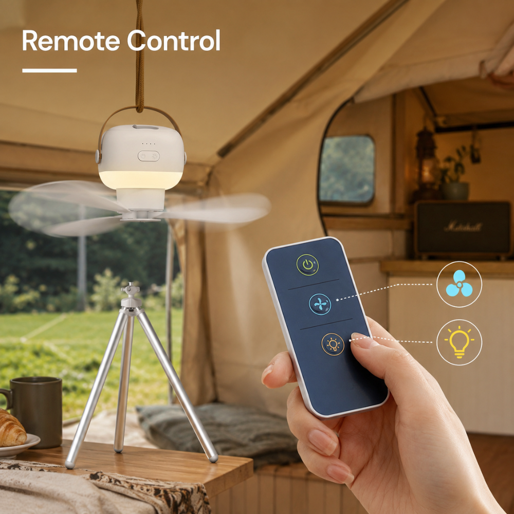 Tragbarer Camping Ventilator mit LED Licht Fernbedienung USB Akku Zelt Deckenventilator Weiß