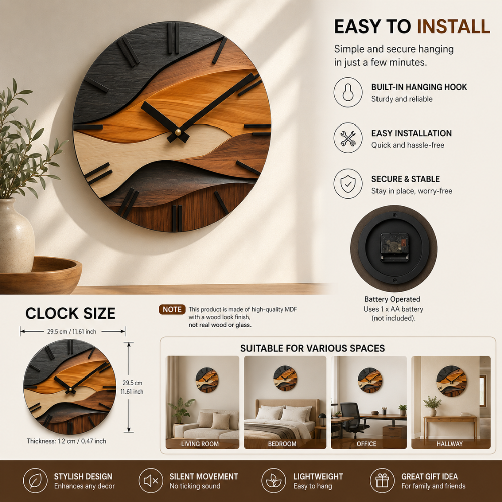 Moderne Wanduhr 30 cm in Holzoptik | Runde Designer-Uhr mit Wellenmuster und leisem Uhrwerk