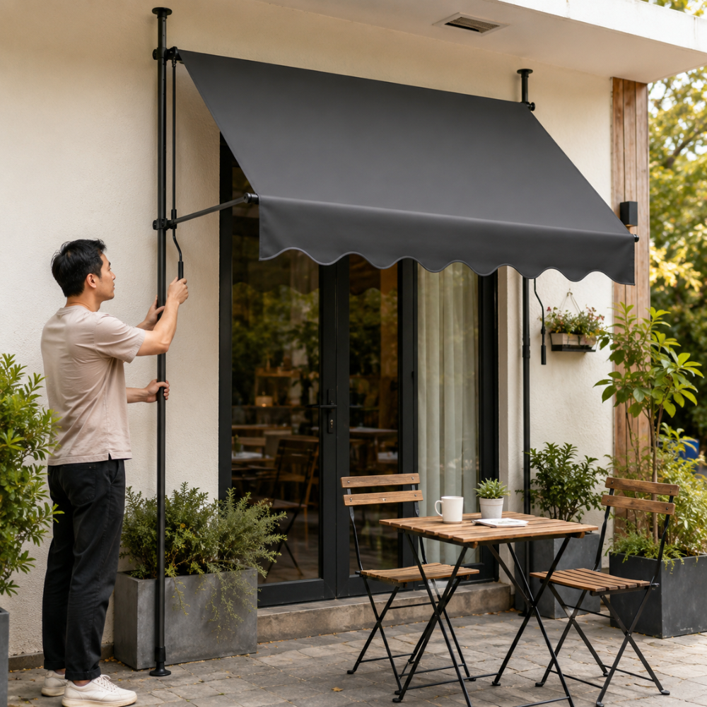 Klemmmarkise ohne Bohren | Manuell ausziehbare Balkonmarkise mit Kurbel, höhenverstellbaren Standrohren & Sonnenschutz für Terrasse, Garten und Balkon