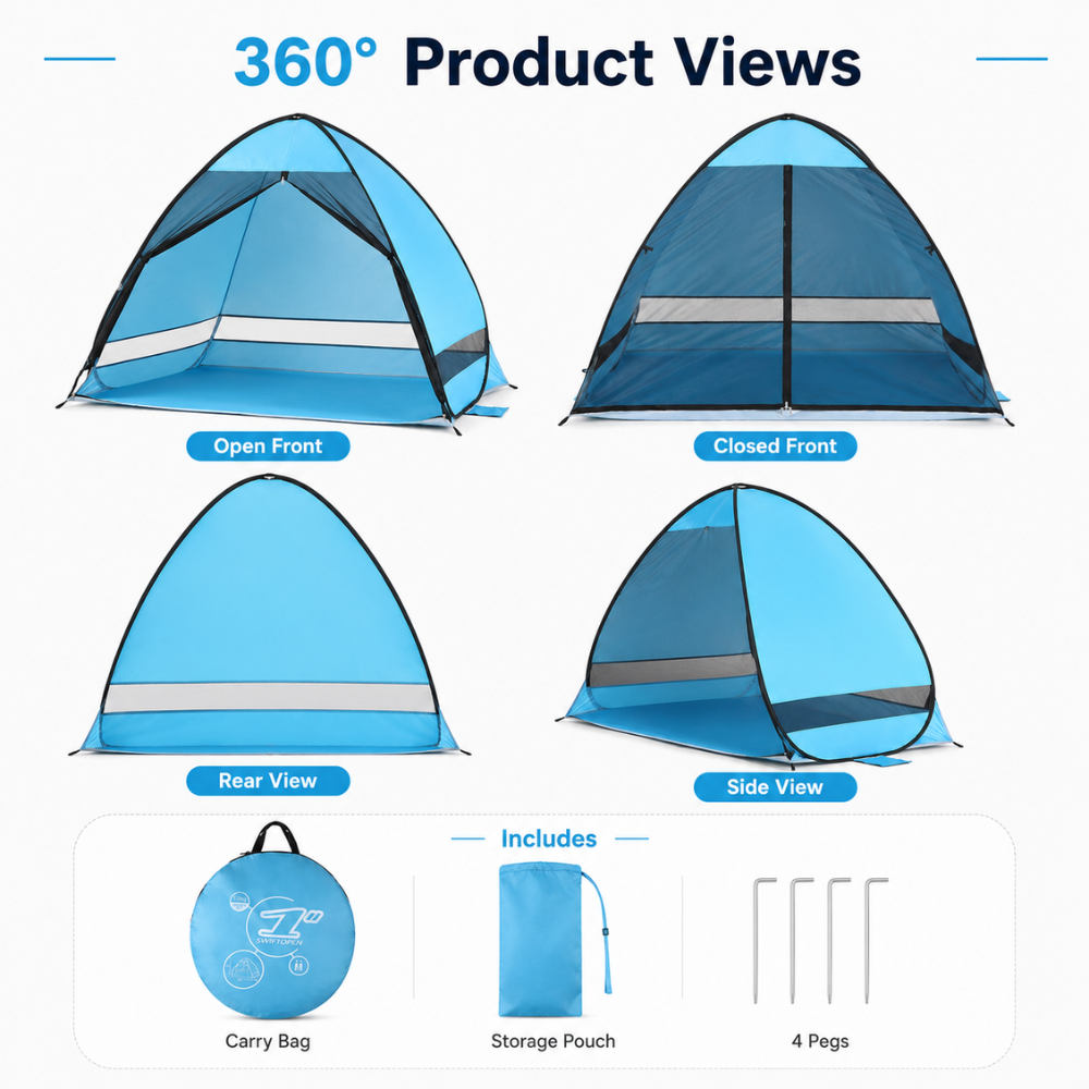 Pop Up Strandmuschel Blau 200 x 165 x 130 cm UPF50+ Strandzelt aus Polyester für Strand Camping