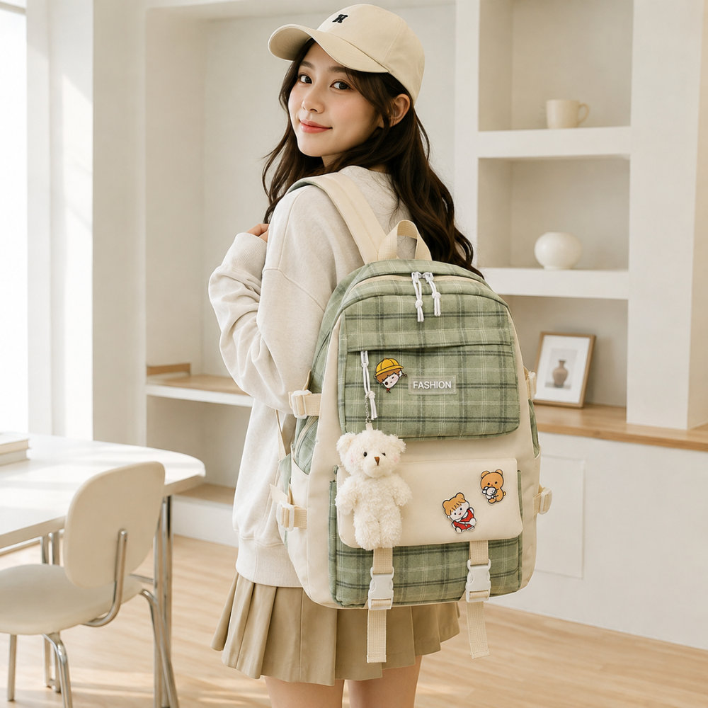 Schulrucksack-Set 5-teilig mit Karomuster – Großer Rucksack mit Tragetasche, Mäppchen, Beutel & Anhängern für Schule & Freizeit