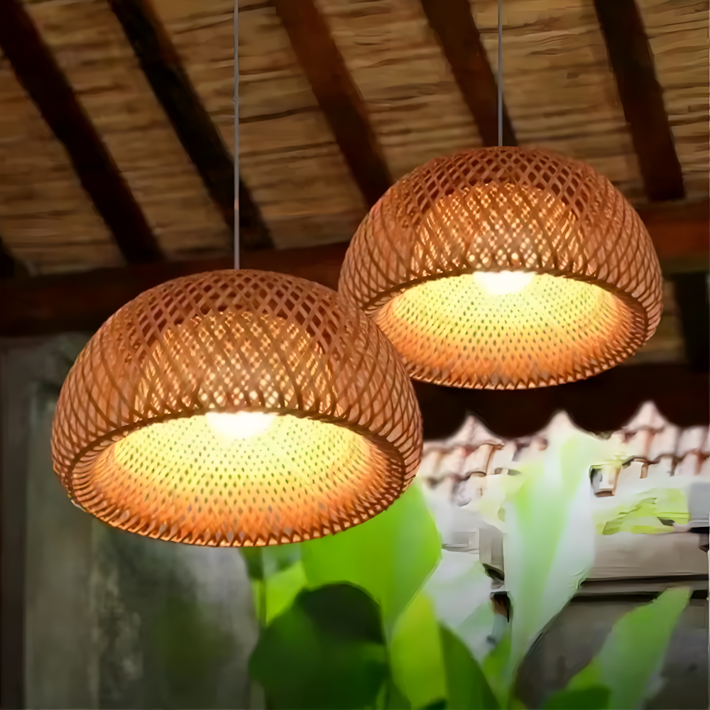 Ästhetische Kuppel Rattan Pendelleuchte - Handgeflochtene Bambus Wicker Hängelampe