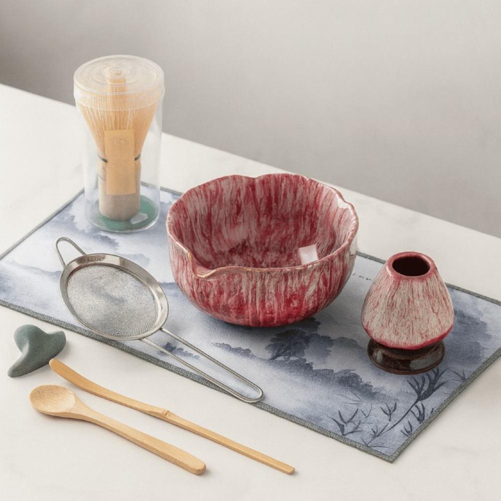 Artisan Matcha Set 8-teilig – Handgefertigte Keramik Schale (550ml), Bambusbesen & Sieb – Japanische Teezeremonie Geschenkset