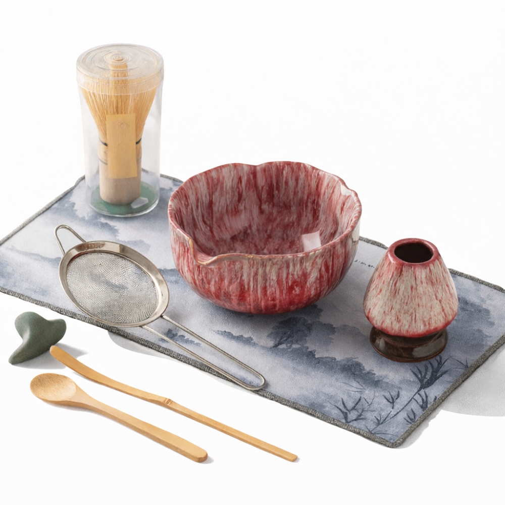Artisan Matcha Set 8-teilig – Handgefertigte Keramik Schale (550ml), Bambusbesen & Sieb – Japanische Teezeremonie Geschenkset