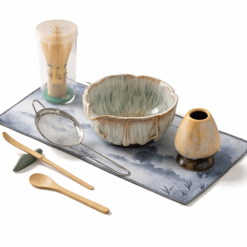 Artisan Matcha Set 8-teilig – Handgefertigte Keramik Schale (550ml), Bambusbesen & Sieb – Japanische Teezeremonie Geschenkset