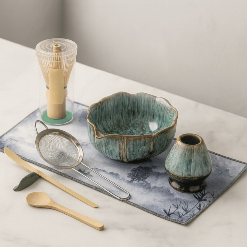 Artisan Matcha Set 8-teilig – Handgefertigte Keramik Schale (550ml), Bambusbesen & Sieb – Japanische Teezeremonie Geschenkset