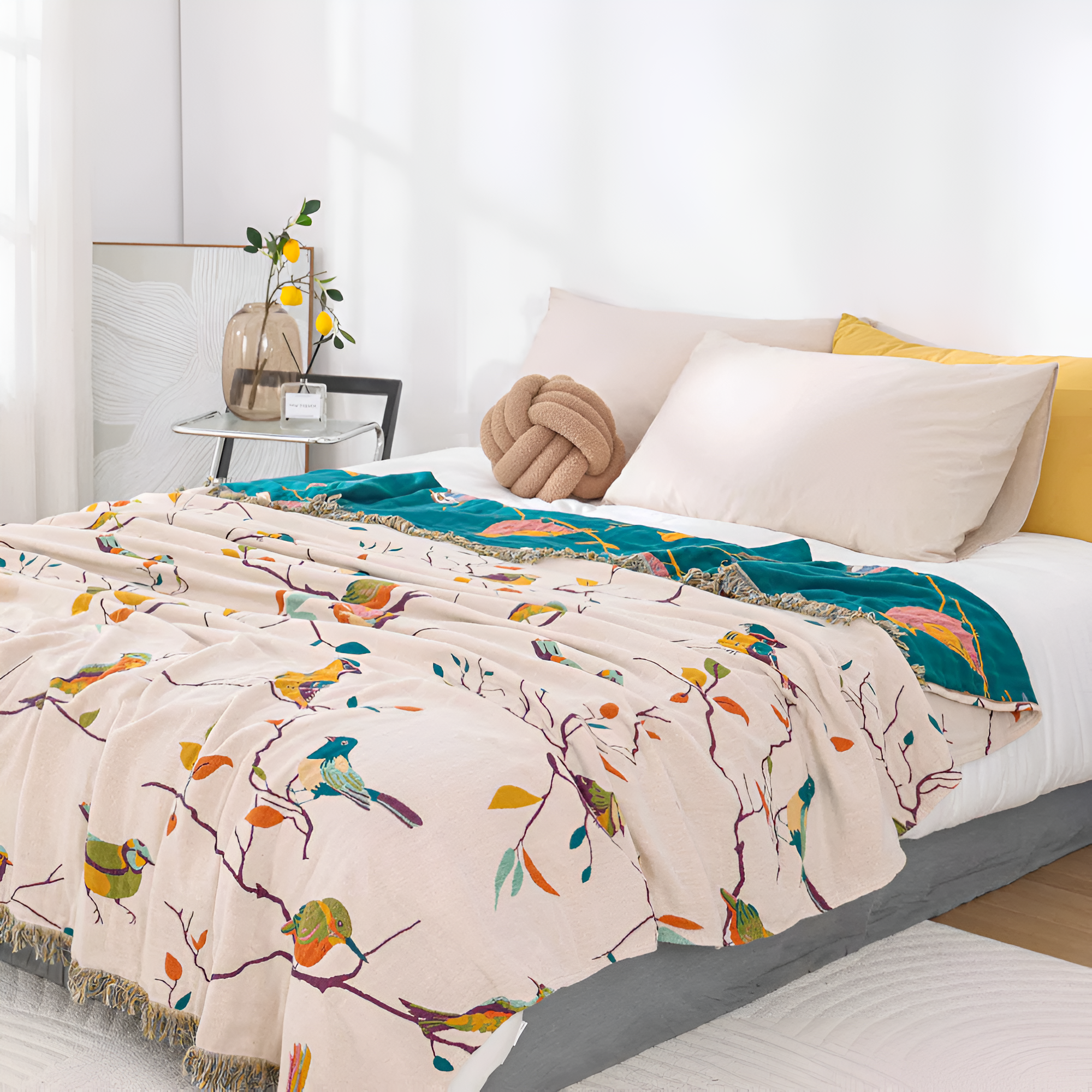 Bina Boho Wolldecke | 100% Baumwolle, Charmantes Vogeldesign für Sofa 0