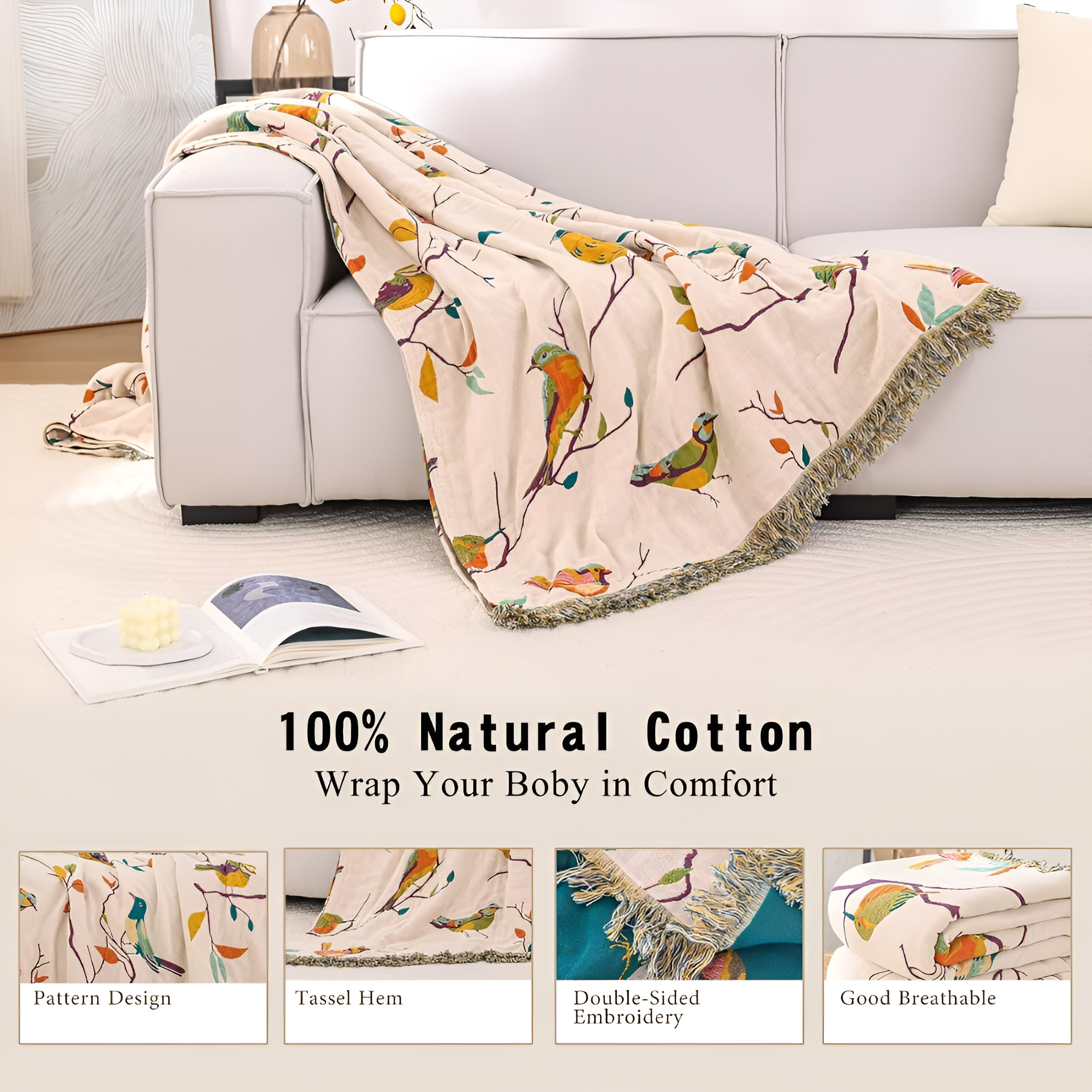 Bina Boho Wolldecke | 100% Baumwolle, Charmantes Vogeldesign für Sofa 2