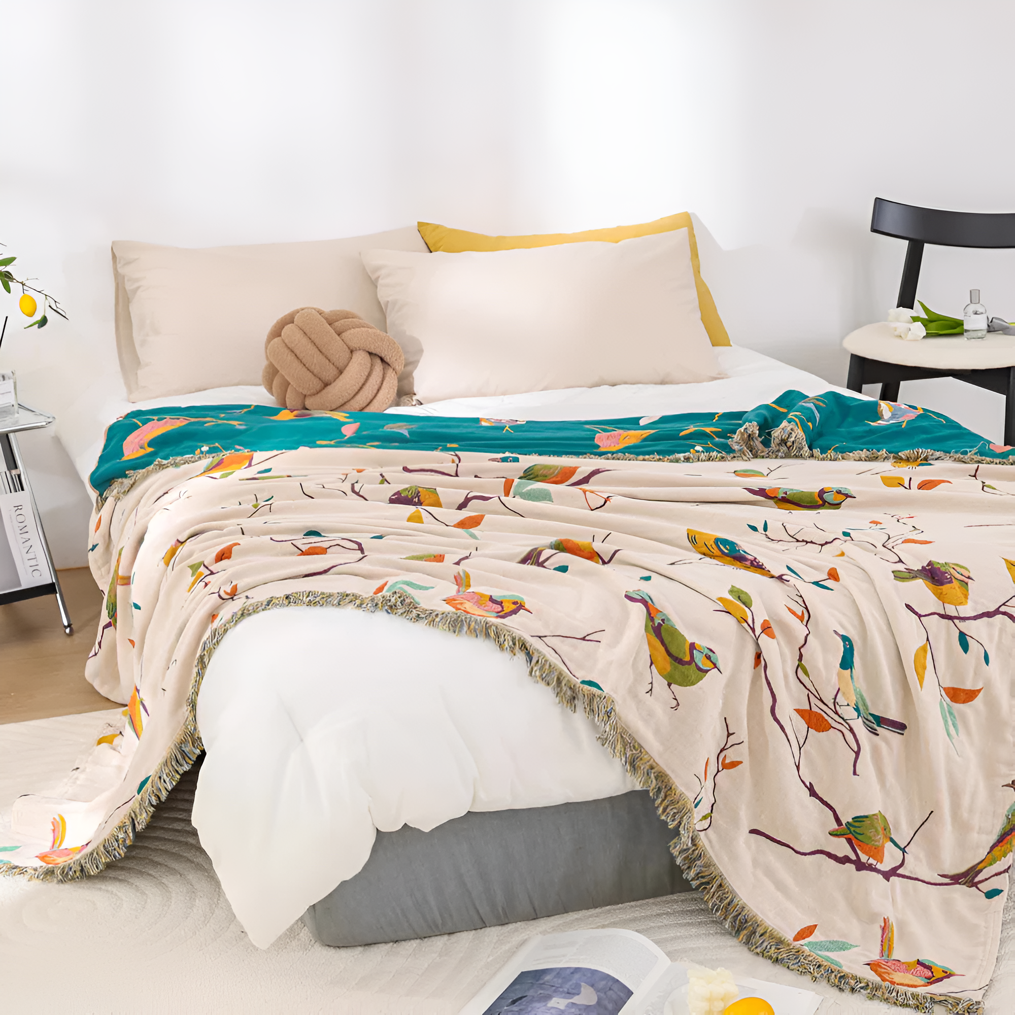 Bina Boho Wolldecke | 100% Baumwolle, Charmantes Vogeldesign für Sofa 5