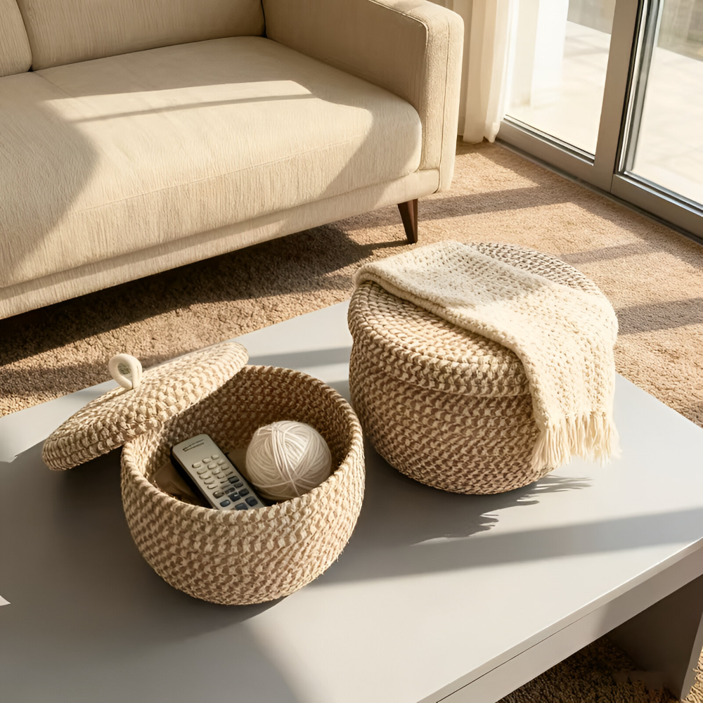 Boho Aufbewahrungskorb mit Deckel – Gewebte Aufbewahrungsbox für Schmuck – Rund