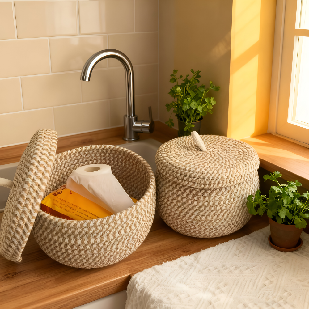 Boho Aufbewahrungskorb mit Deckel – Gewebte Aufbewahrungsbox für Schmuck – Rund