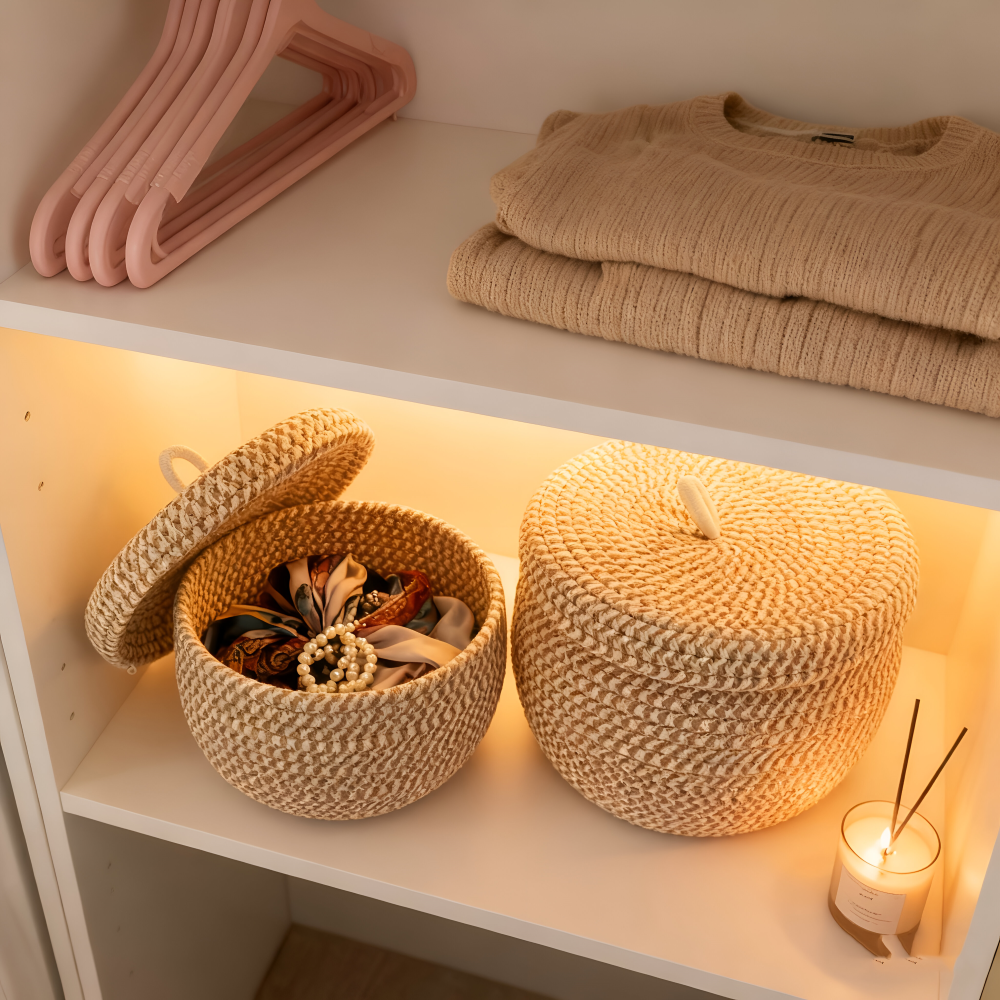 Boho Aufbewahrungskorb mit Deckel – Gewebte Aufbewahrungsbox für Schmuck – Rund