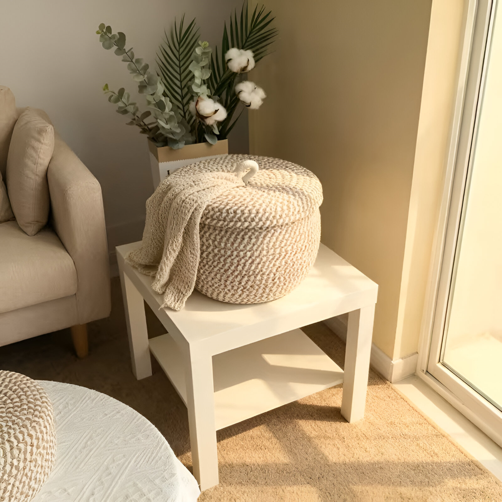 Boho Aufbewahrungskorb mit Deckel – Gewebte Aufbewahrungsbox für Schmuck – Rund