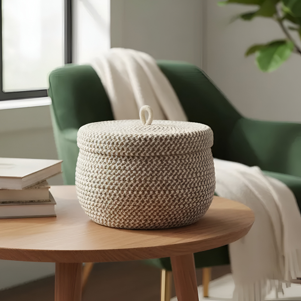Boho Aufbewahrungskorb mit Deckel – Gewebte Aufbewahrungsbox für Schmuck – Rund