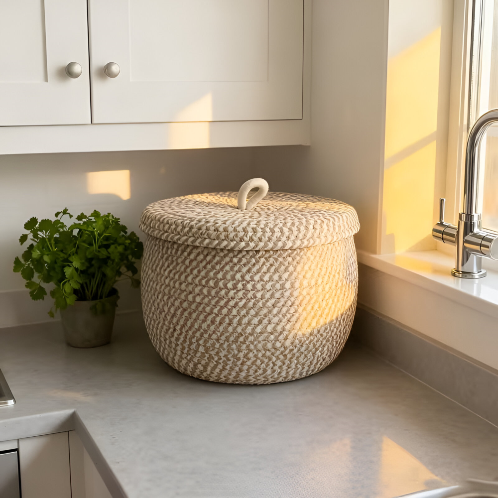 Boho Aufbewahrungskorb mit Deckel – Gewebte Aufbewahrungsbox für Schmuck – Rund