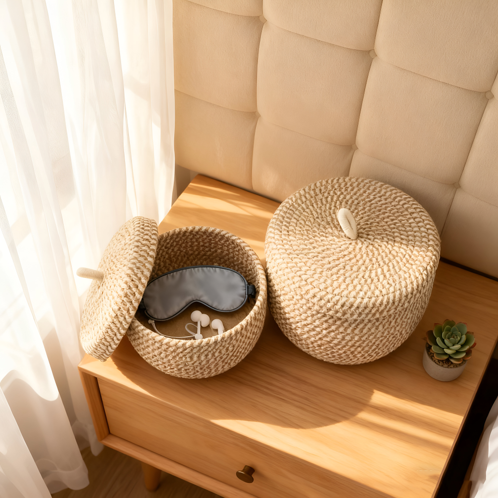 Boho Aufbewahrungskorb mit Deckel – Gewebte Aufbewahrungsbox für Schmuck – Rund