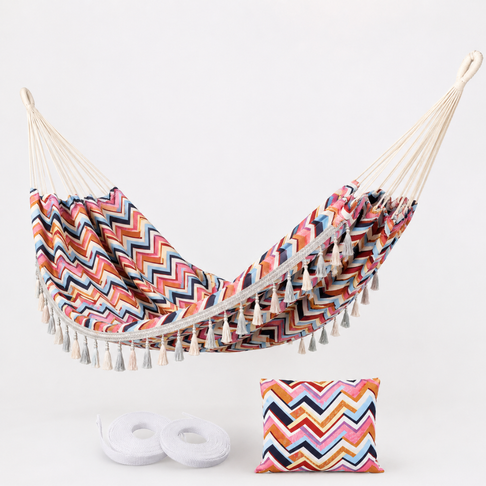 Boho Doppel Hängematte mit Quasten – Outdoor Hängematte mit Tragetasche & Befestigungsseilen für Garten, Balkon & Camping