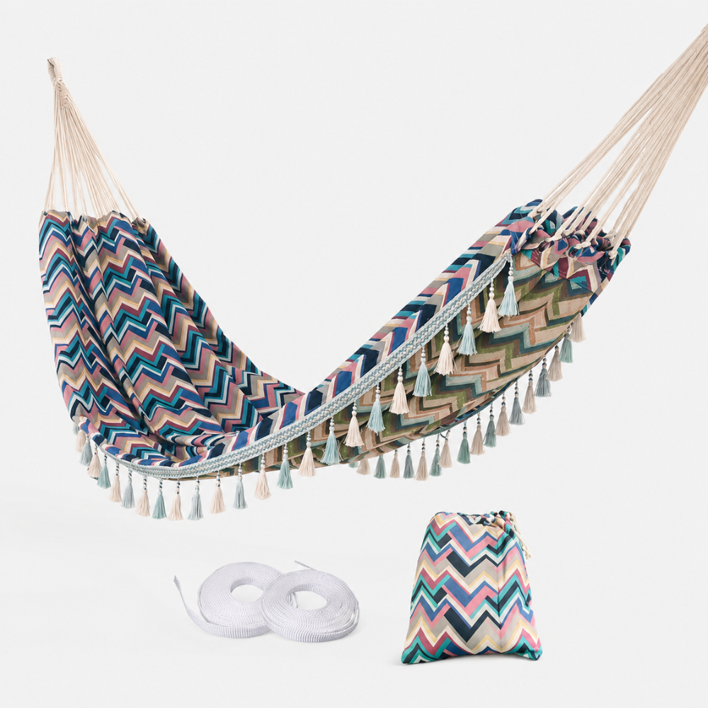 Boho Doppel Hängematte mit Quasten – Outdoor Hängematte mit Tragetasche & Befestigungsseilen für Garten, Balkon & Camping