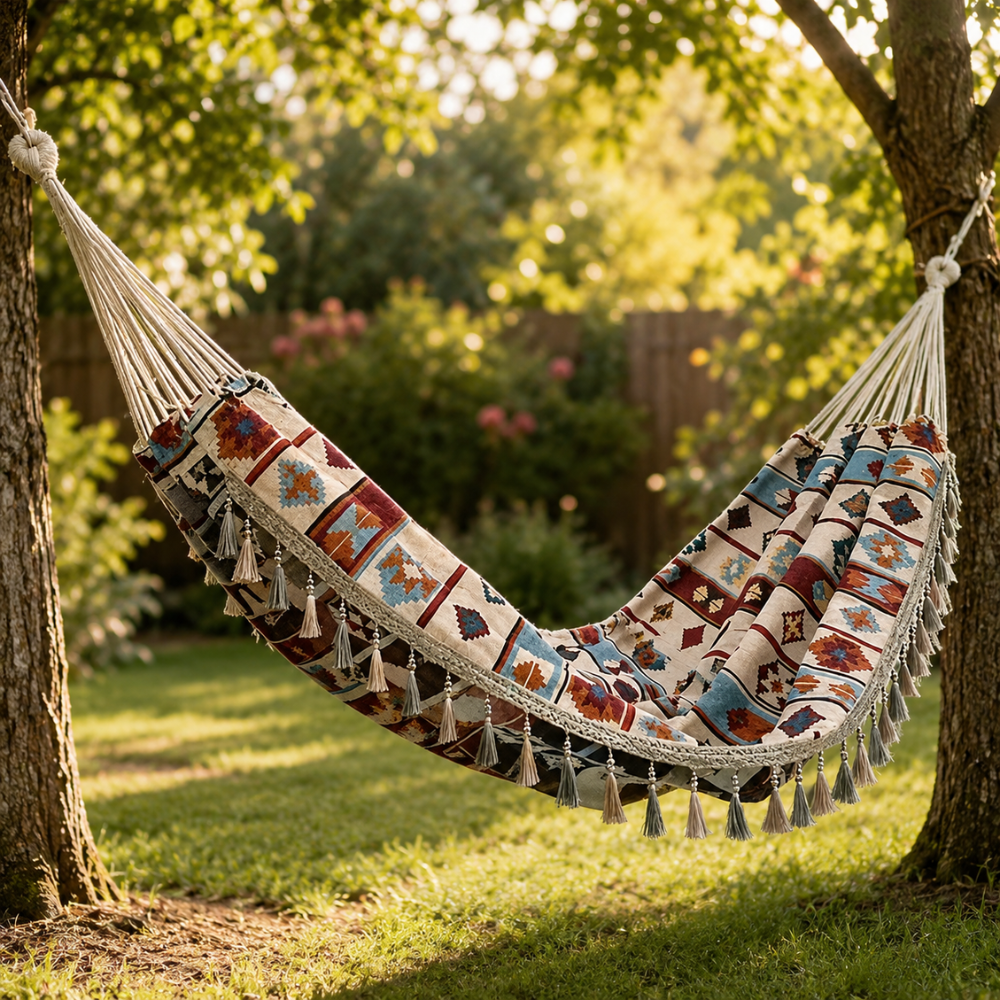 Boho Doppel Hängematte mit Quasten – Outdoor Hängematte mit Tragetasche & Befestigungsseilen für Garten, Balkon & Camping