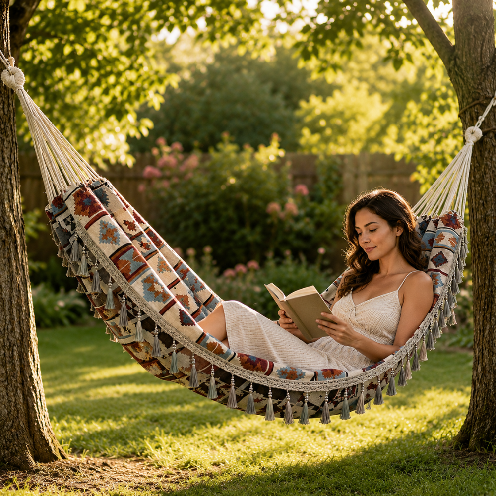 Boho Doppel Hängematte mit Quasten – Outdoor Hängematte mit Tragetasche & Befestigungsseilen für Garten, Balkon & Camping
