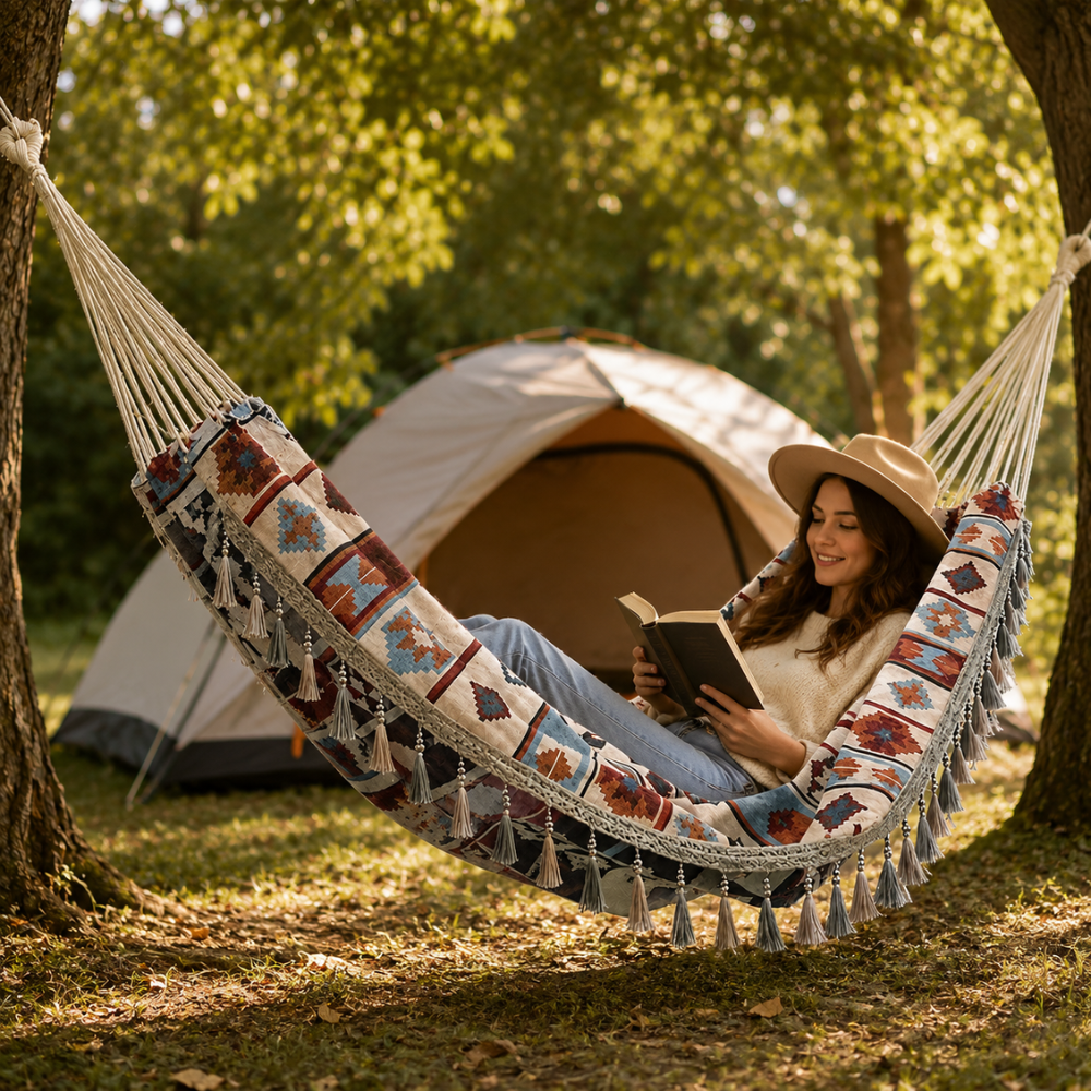 Boho Doppel Hängematte mit Quasten – Outdoor Hängematte mit Tragetasche & Befestigungsseilen für Garten, Balkon & Camping
