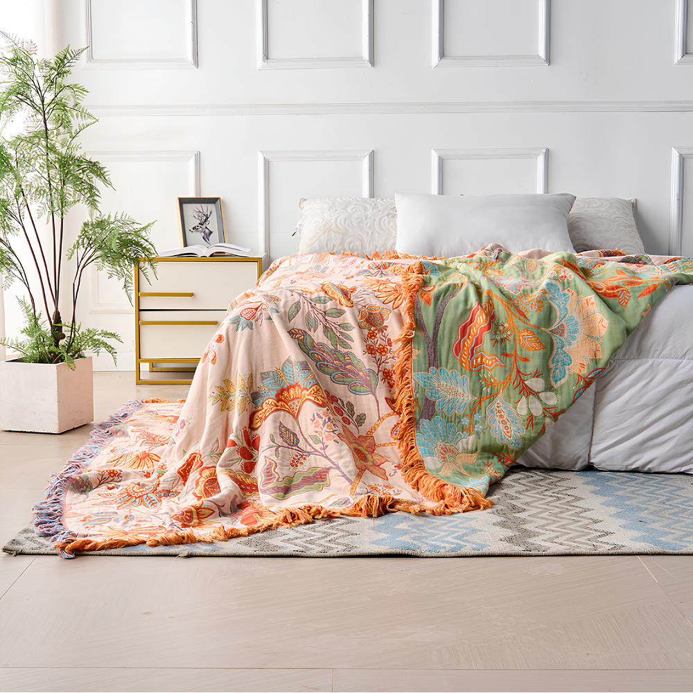 Boho Jacquard Baumwolldecke mit Fransen – Sofadecke, Tagesdecke & Bettüberwurf mit floralem Muster