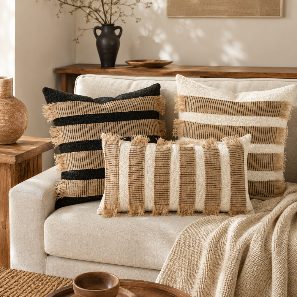 Boho Kissenbezug aus Mikrofasermischung – Dekorativer Sofakissenbezug mit Fransen & Streifendesign für Sofa, Bett & Wohnzimmer