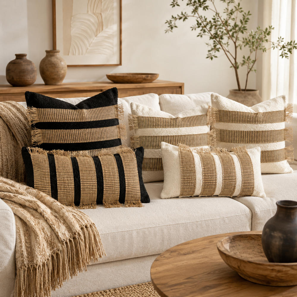 Boho Kissenbezug aus Mikrofasermischung – Dekorativer Sofakissenbezug mit Fransen & Streifendesign für Sofa, Bett & Wohnzimmer