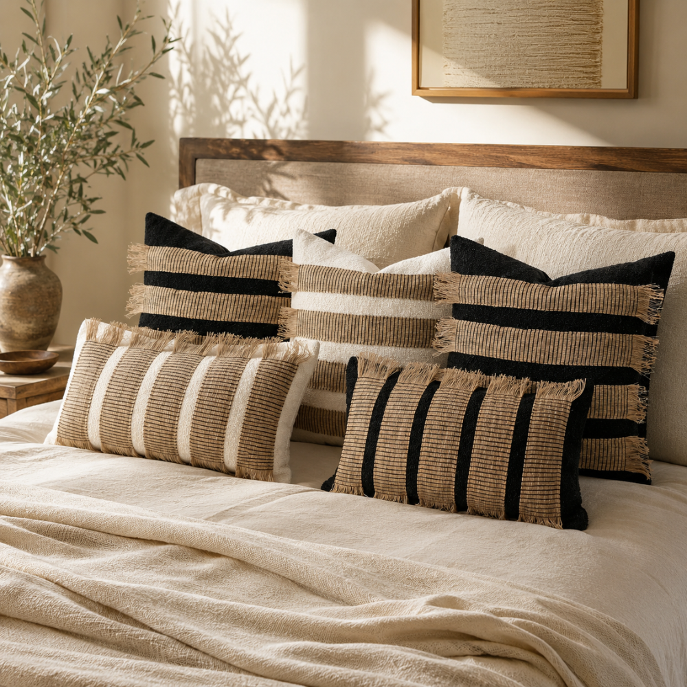 Boho Kissenbezug aus Mikrofasermischung – Dekorativer Sofakissenbezug mit Fransen & Streifendesign für Sofa, Bett & Wohnzimmer