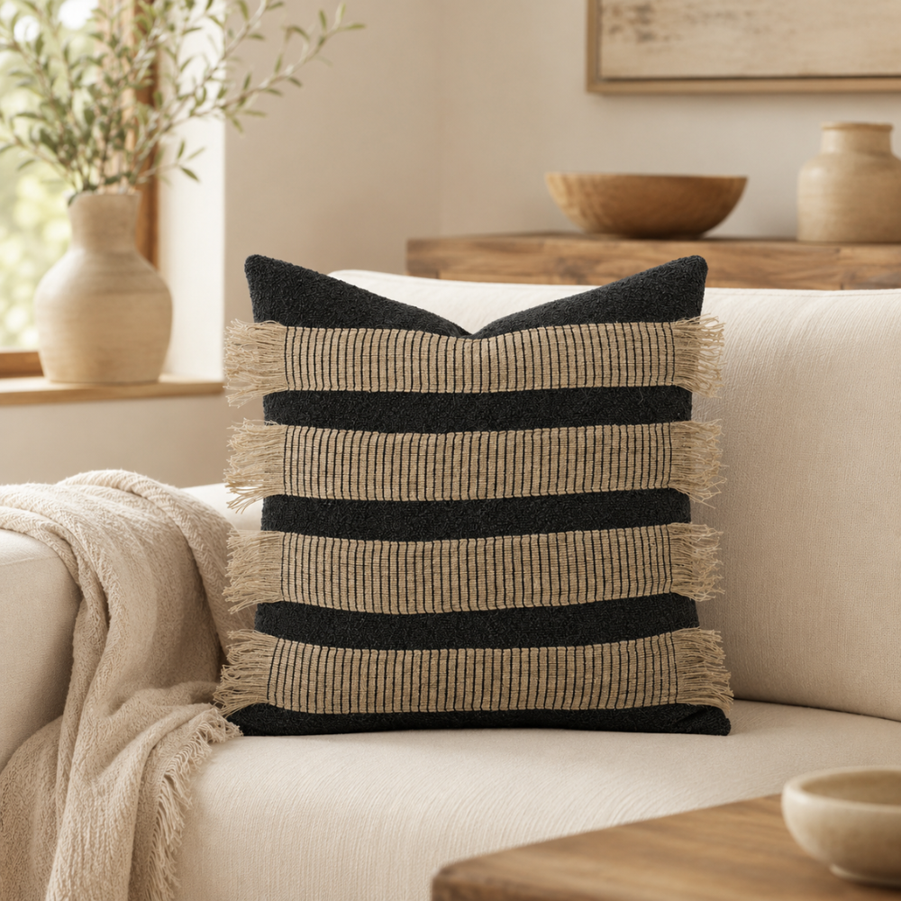 Boho Kissenbezug aus Mikrofasermischung – Dekorativer Sofakissenbezug mit Fransen & Streifendesign für Sofa, Bett & Wohnzimmer