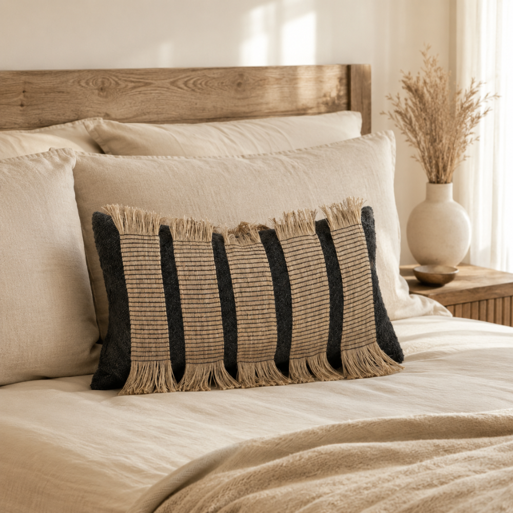 Boho Kissenbezug aus Mikrofasermischung – Dekorativer Sofakissenbezug mit Fransen & Streifendesign für Sofa, Bett & Wohnzimmer