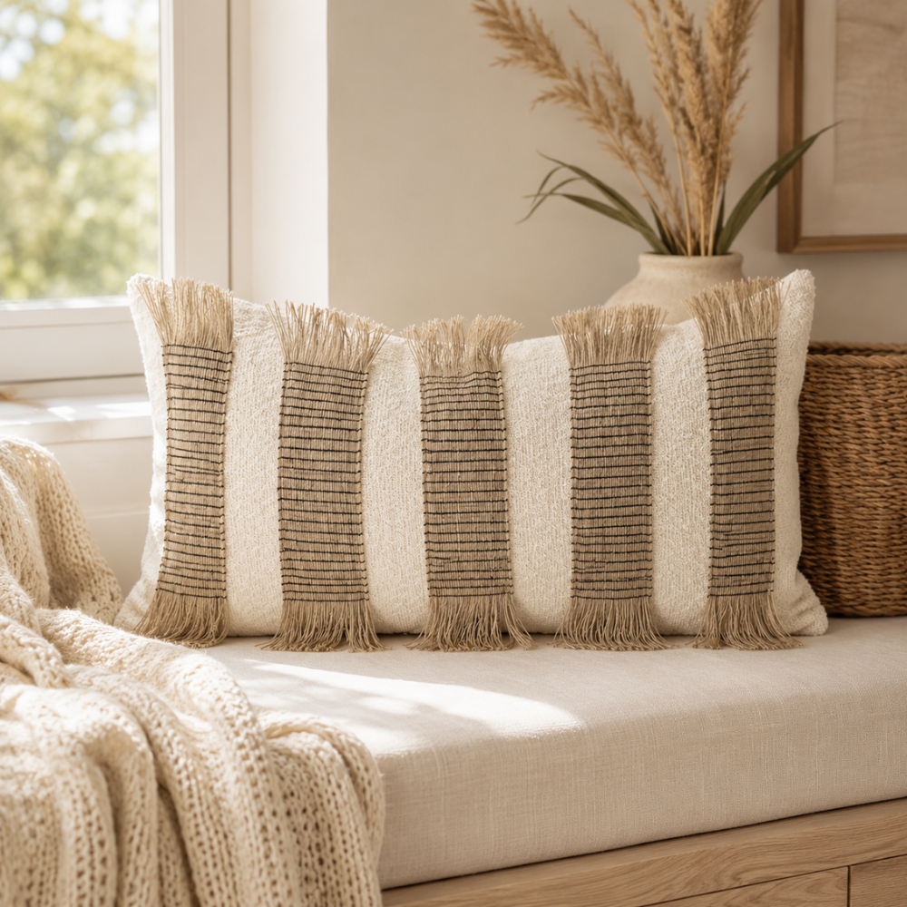 Boho Kissenbezug aus Mikrofasermischung – Dekorativer Sofakissenbezug mit Fransen & Streifendesign für Sofa, Bett & Wohnzimmer