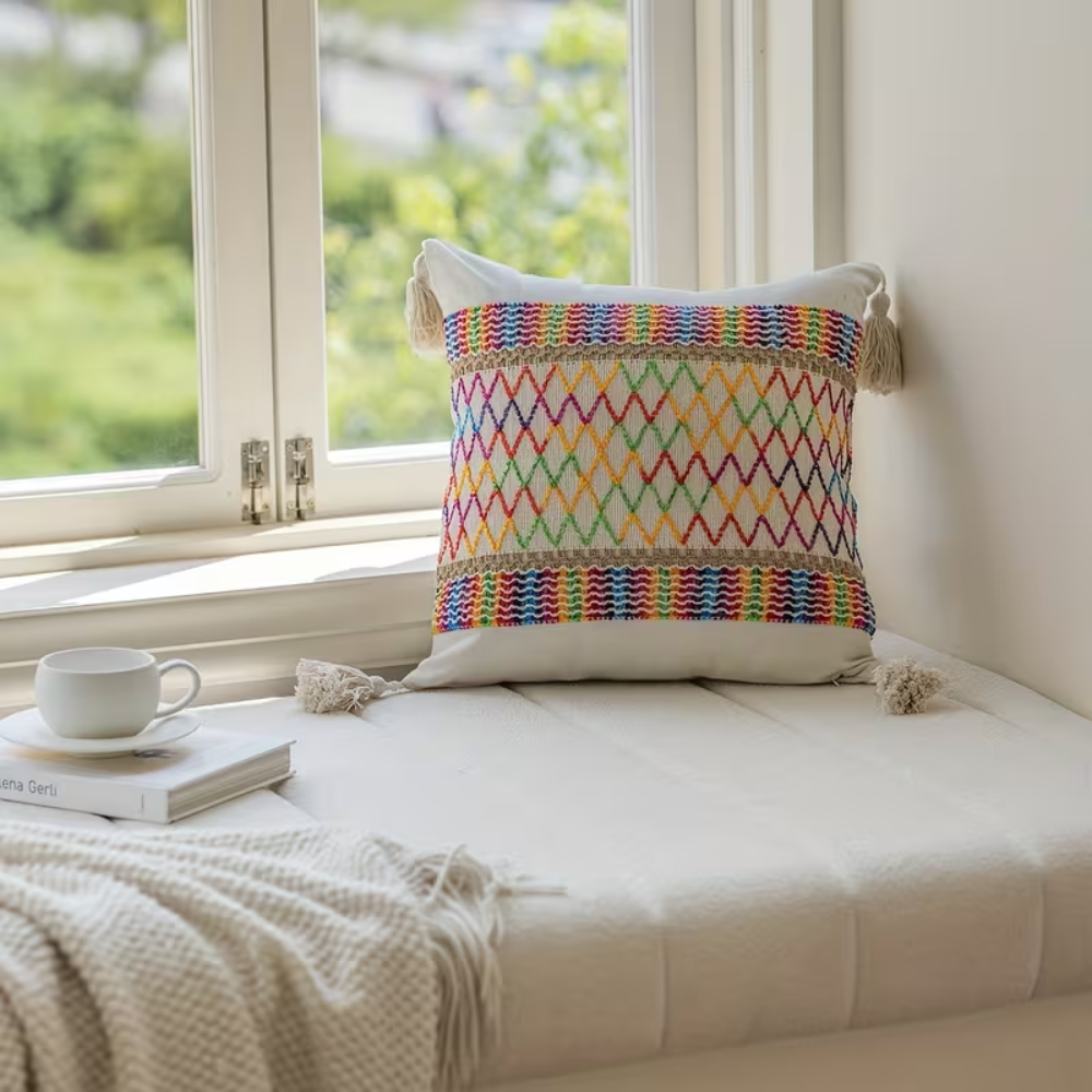 Boho Kissenbezug mit Quasten – Dekorativer Sofakissenbezug mit Stickmuster für Sofa, Bett & Wohnzimmer