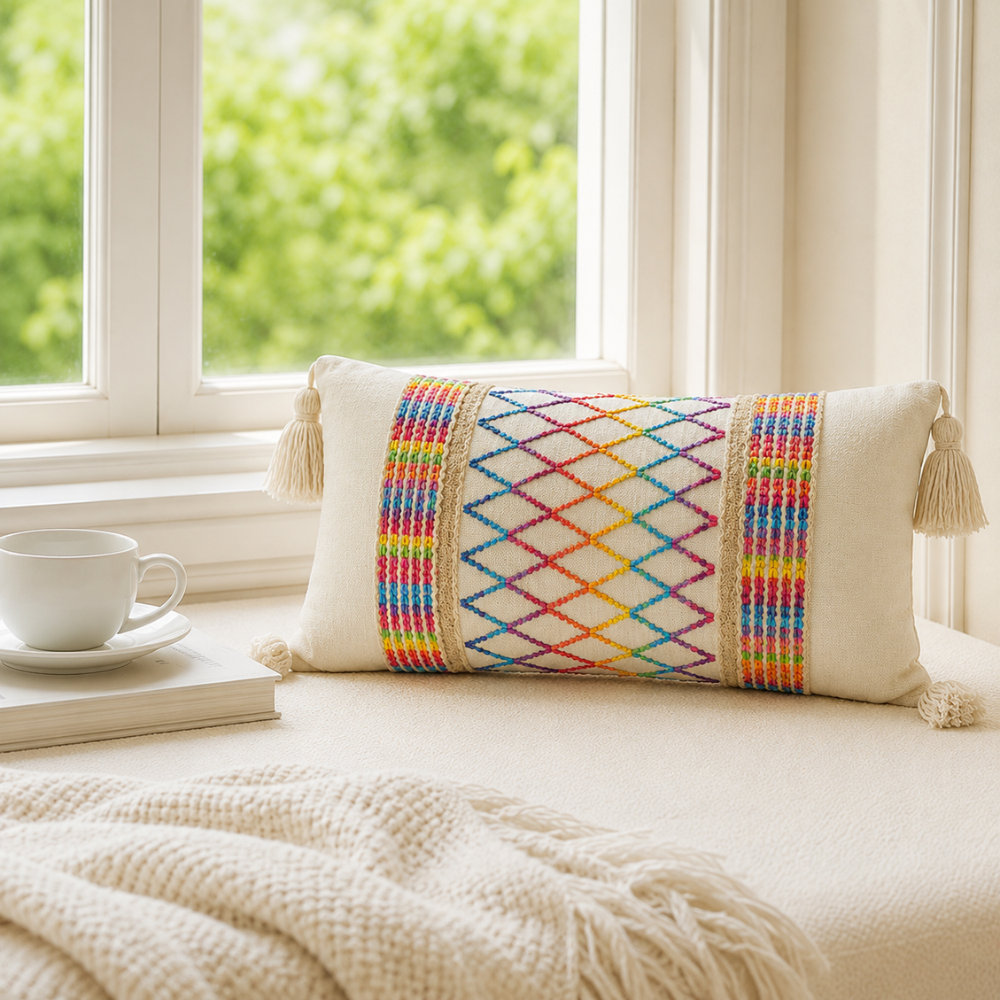 Boho Kissenbezug mit Quasten – Dekorativer Sofakissenbezug mit Stickmuster für Sofa, Bett & Wohnzimmer