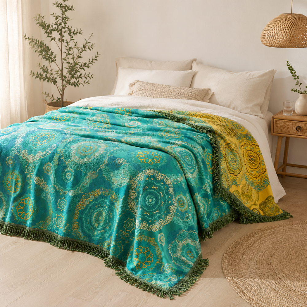 Boho Tagesdecke Türkis – 100% Baumwolle mit Mandala Muster & Fransen für Bett, Sofa & Wohnzimmer