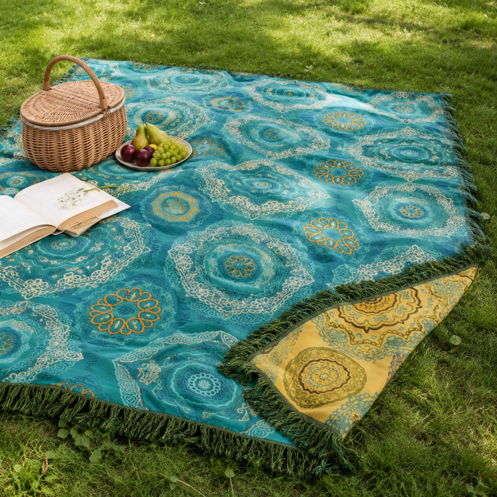 Boho Tagesdecke Türkis – 100% Baumwolle mit Mandala Muster & Fransen für Bett, Sofa & Wohnzimmer