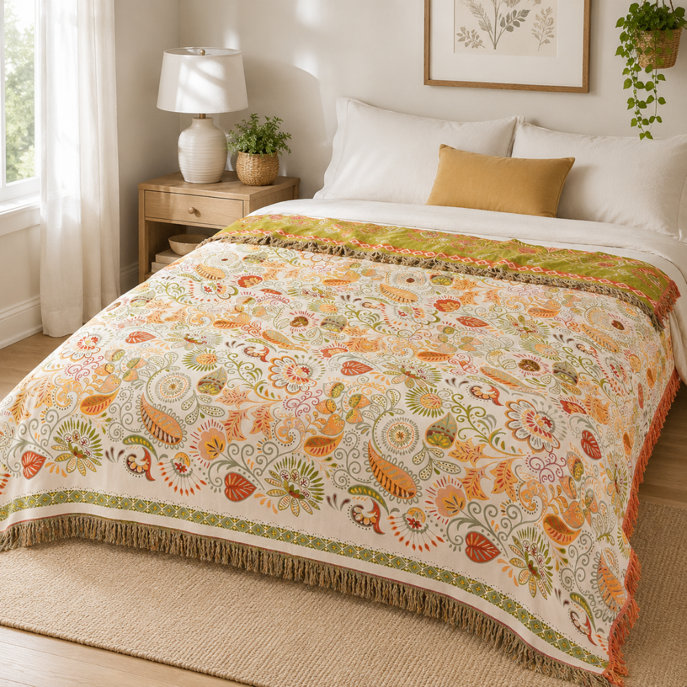 Boho Tagesdecke Wendbar – Atmungsaktive Baumwoll Überwurfdecke mit Blumenmuster für Bett, Sofa & Schlafzimmer
