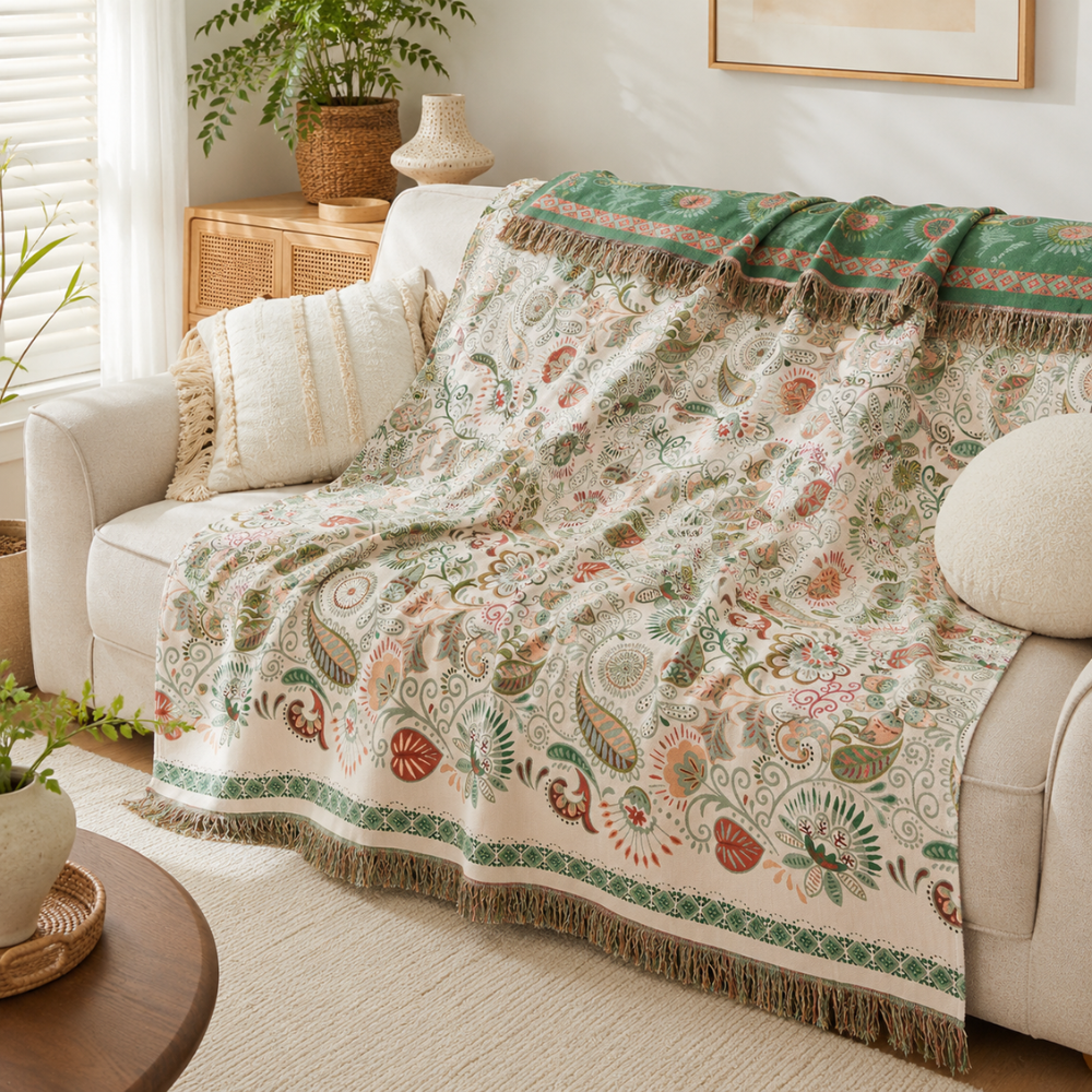 Boho Tagesdecke Wendbar – Atmungsaktive Baumwoll Überwurfdecke mit Blumenmuster für Bett, Sofa & Schlafzimmer