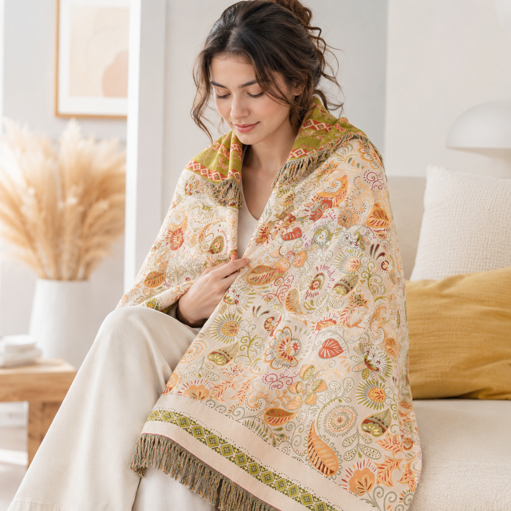 Boho Tagesdecke Wendbar – Atmungsaktive Baumwoll Überwurfdecke mit Blumenmuster für Bett, Sofa & Schlafzimmer