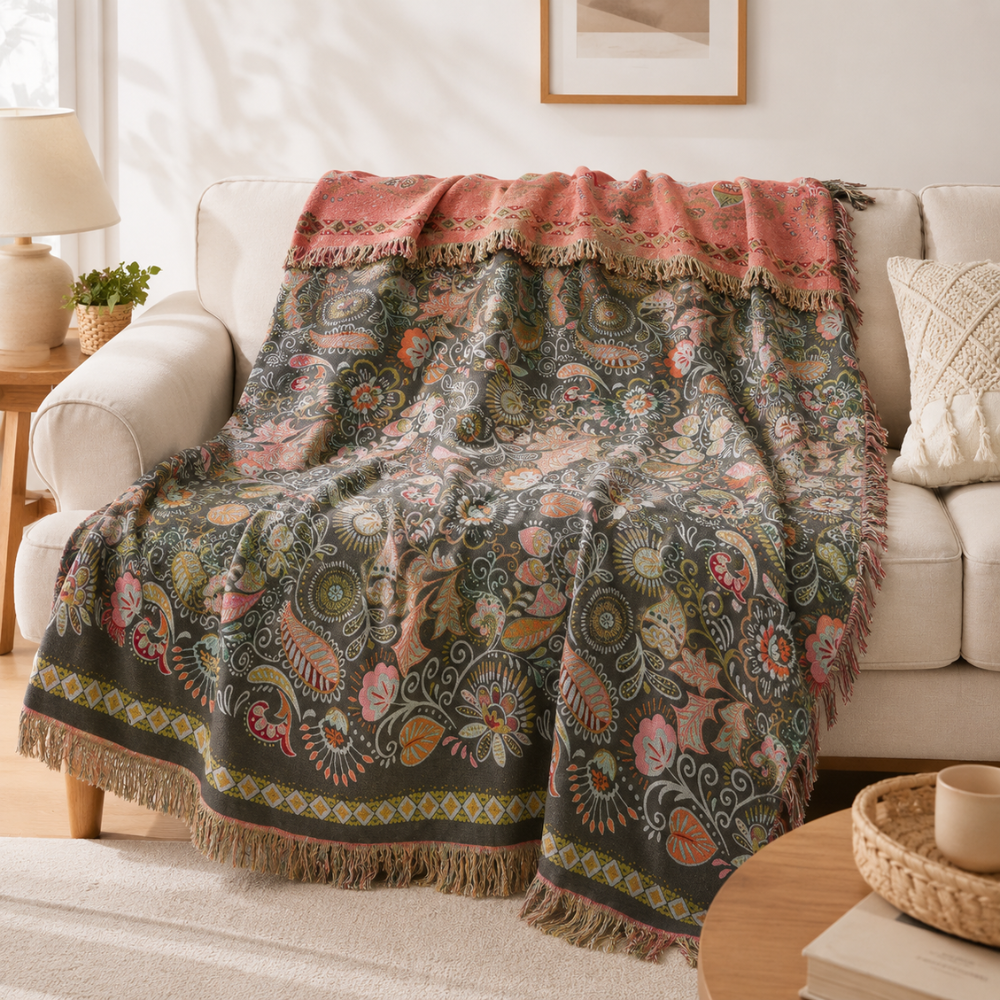 Boho Tagesdecke Wendbar – Atmungsaktive Baumwoll Überwurfdecke mit Blumenmuster für Bett, Sofa & Schlafzimmer