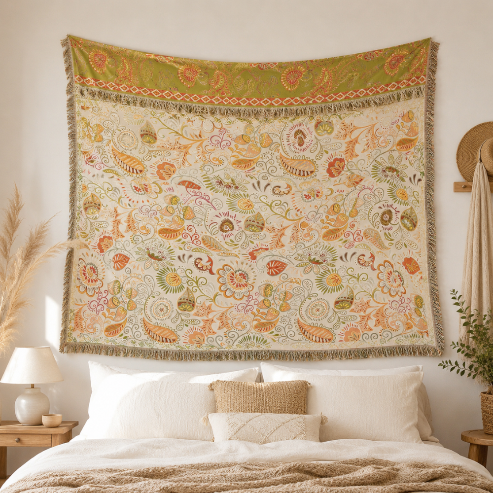 Boho Tagesdecke Wendbar – Atmungsaktive Baumwoll Überwurfdecke mit Blumenmuster für Bett, Sofa & Schlafzimmer