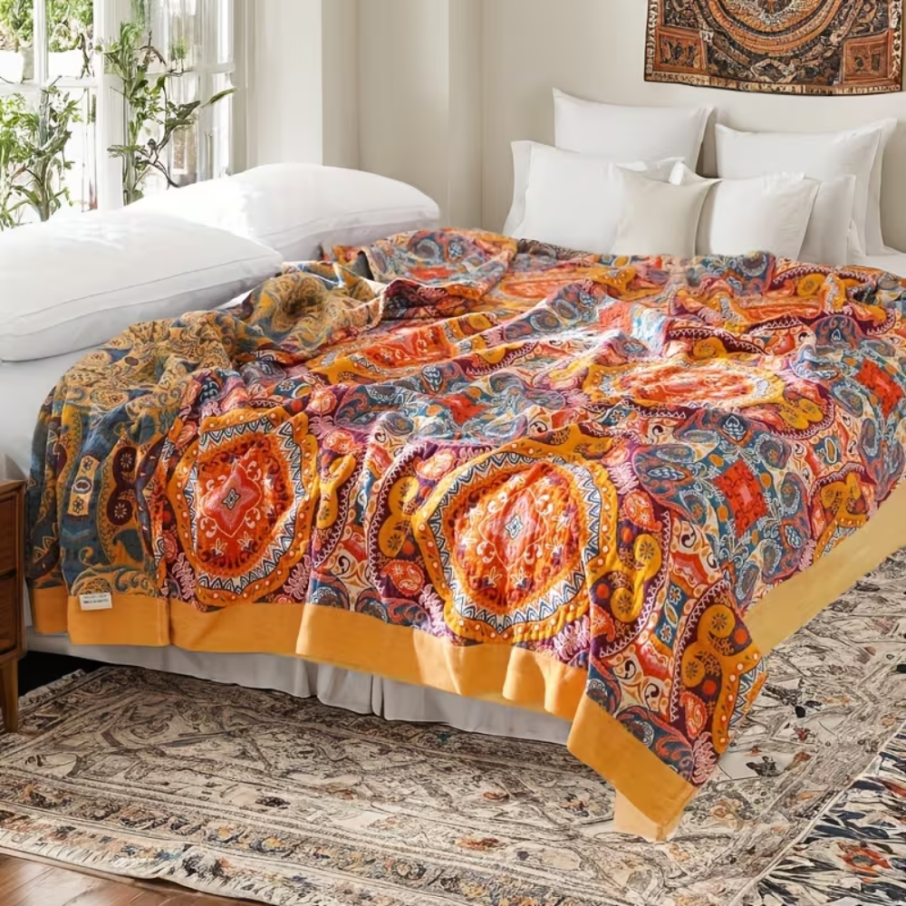 Boho Wendedecke Atmungsaktiv – Bunte Überwurfdecke mit Paisley Muster für Sofa, Bett & Wohnzimmer