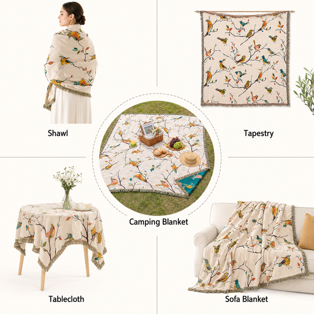 Boho Wolldecke Baumwolle – Weiche Überwurfdecke mit Vogelmuster und Fransen für Sofa, Bett & Wohnzimmer